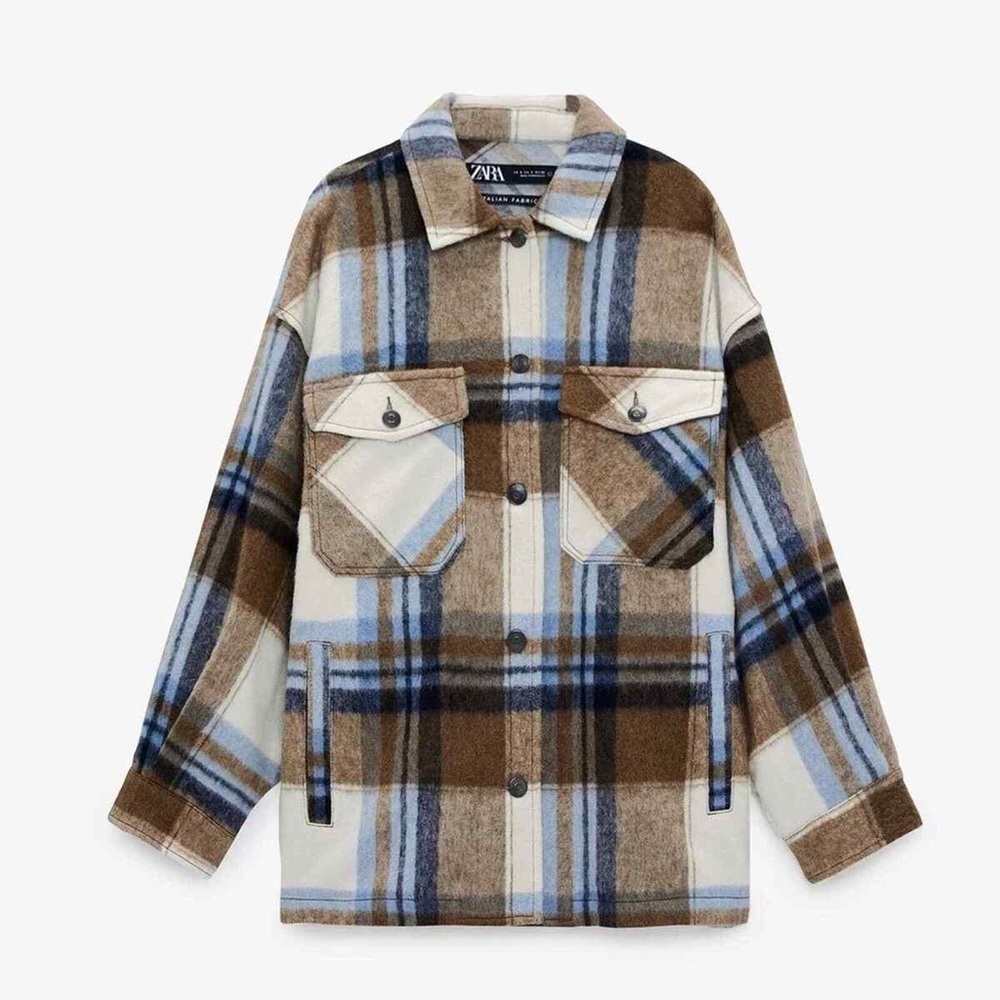 Zara Brown and Blue Plaid Button Down Jacket